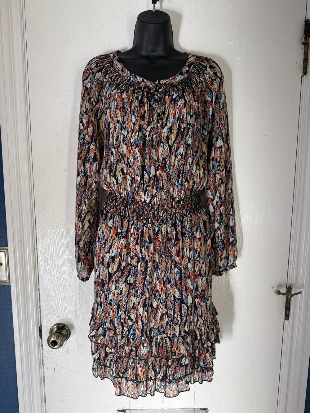 Boho Smocked Waist Multicolor Feather Patterned Long Sleeve Dress